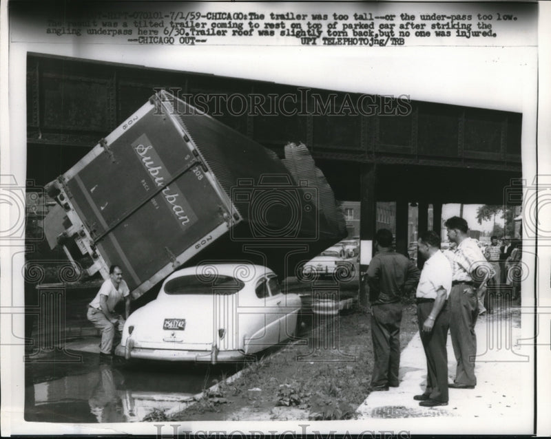 Load image into Gallery viewer, 1959 Media Photo Chicago, Semi truck tips over on auto parked at side of road
