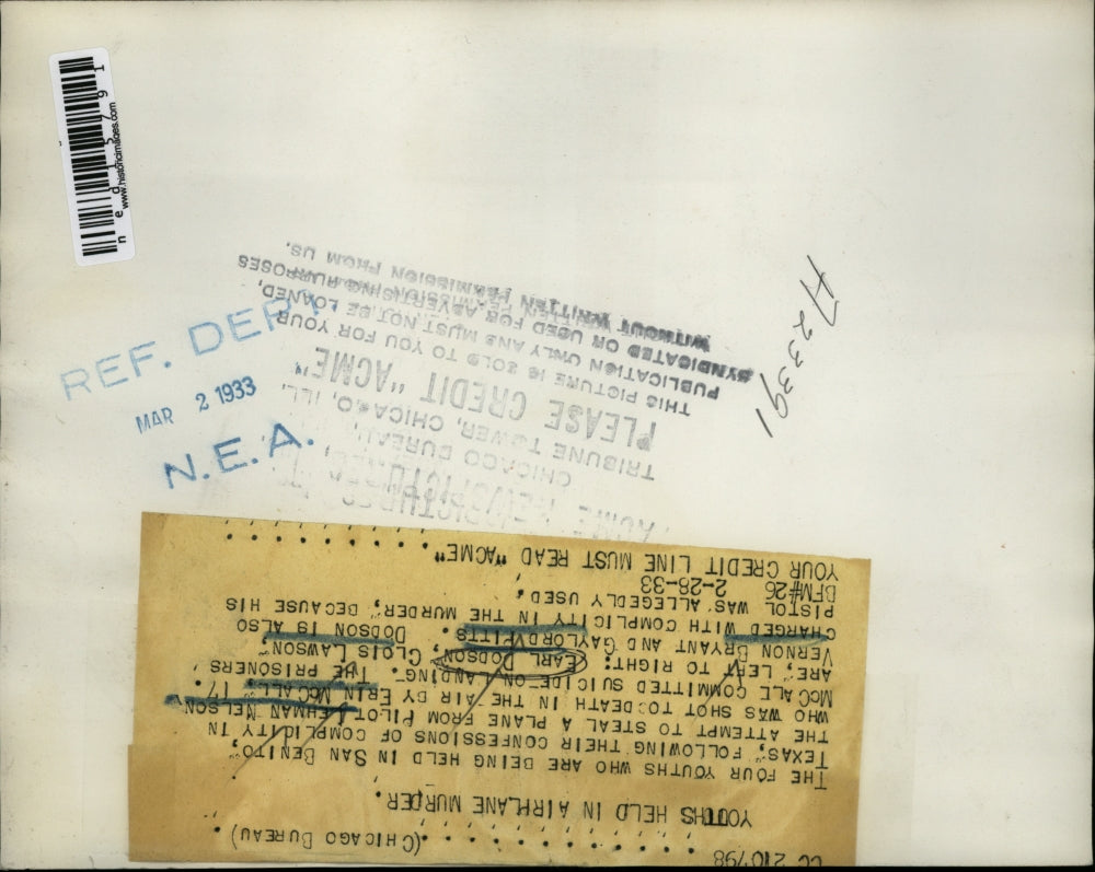 1933 Media Photo San Benito Tex, plane theft L Nelson, E Dodson, C Lawson,