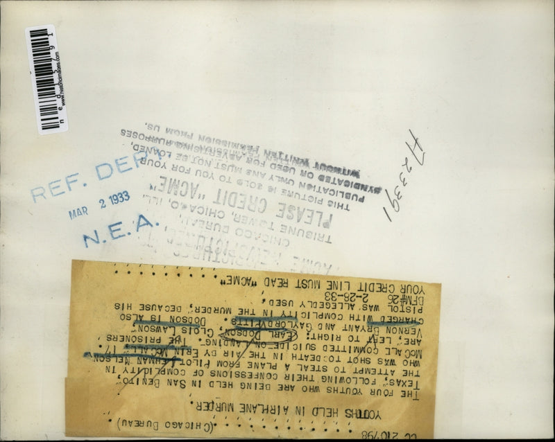 Load image into Gallery viewer, 1933 Media Photo San Benito Tex, plane theft L Nelson, E Dodson, C Lawson,

