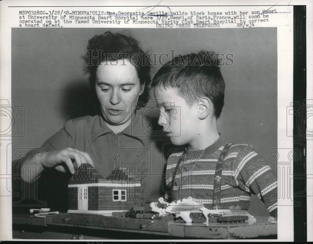 1958 Press Photo Georgetta Deville Builds Blocks With Her Son At The Hospital