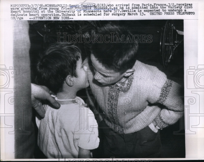 Load image into Gallery viewer, 1958 Press Photo Henri Deville Greets A Friend Before Heading To The Hospital
