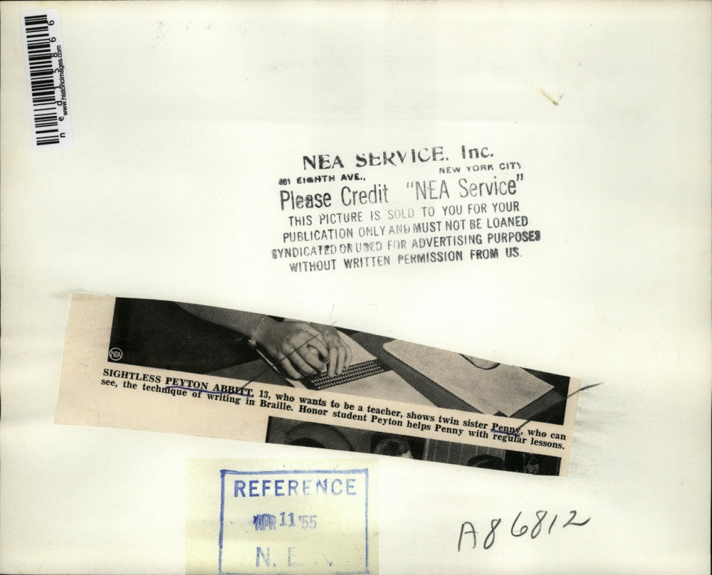 1955 Media Photo Peyton Abbitt, blind, teaches her sister to write in Braille