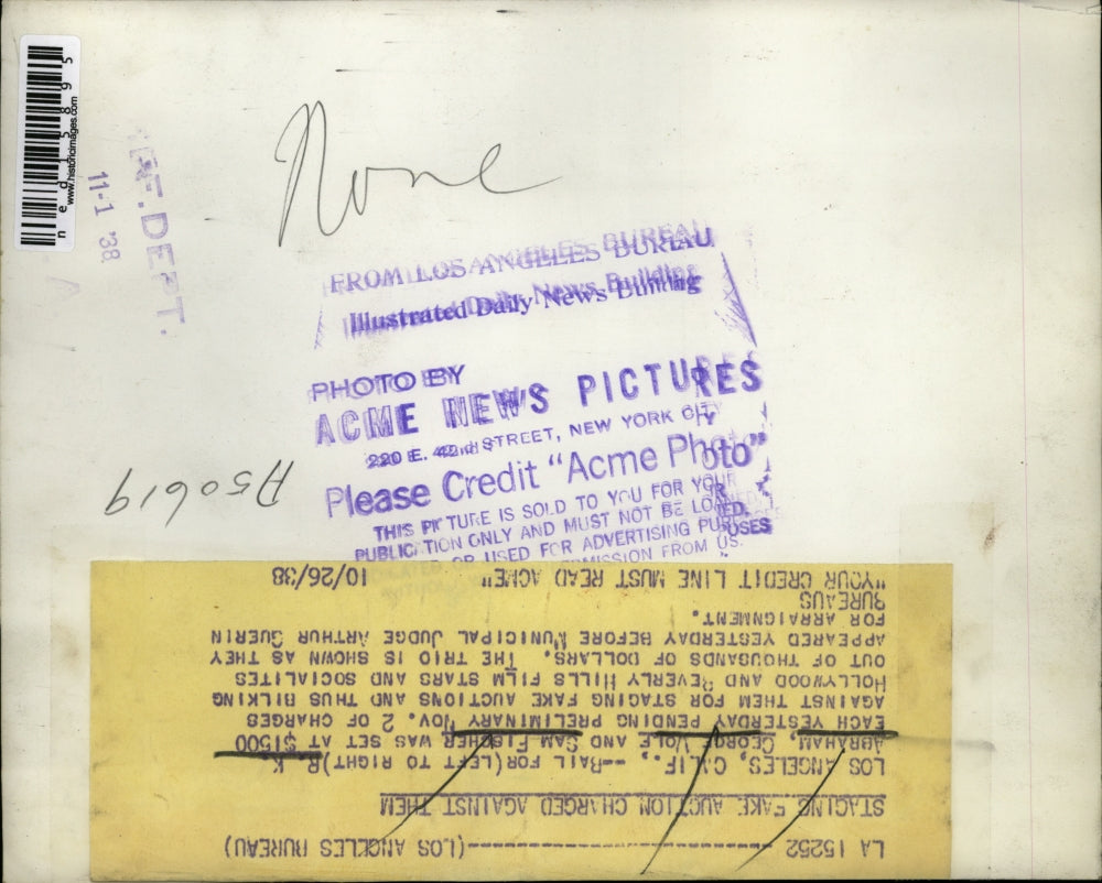 1938 Press Photo LA Calif. RK Abraham, George Wole, Sam Fishcher fake auctions