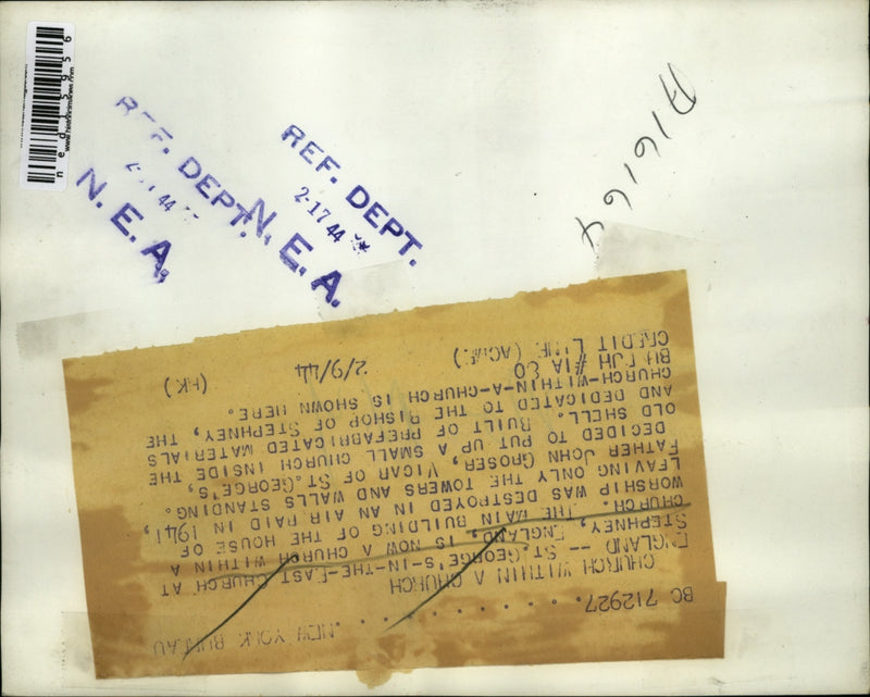 Load image into Gallery viewer, 1944 Media Photo England St. George Stephney John Groser Church In A Church
