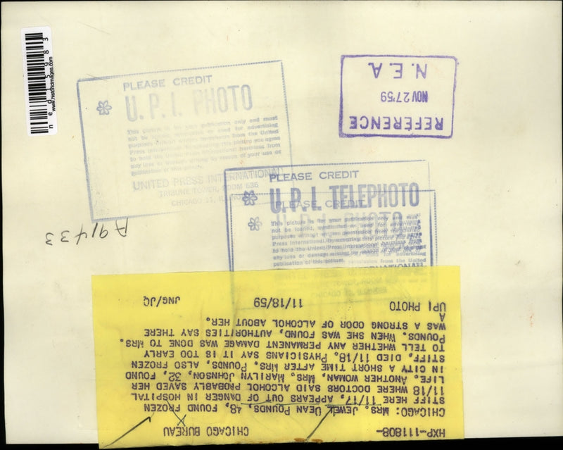Load image into Gallery viewer, 1959 Media Photo Chicago Mrs Jewel Dean Pounds Marilyn Johnson Found Frozen
