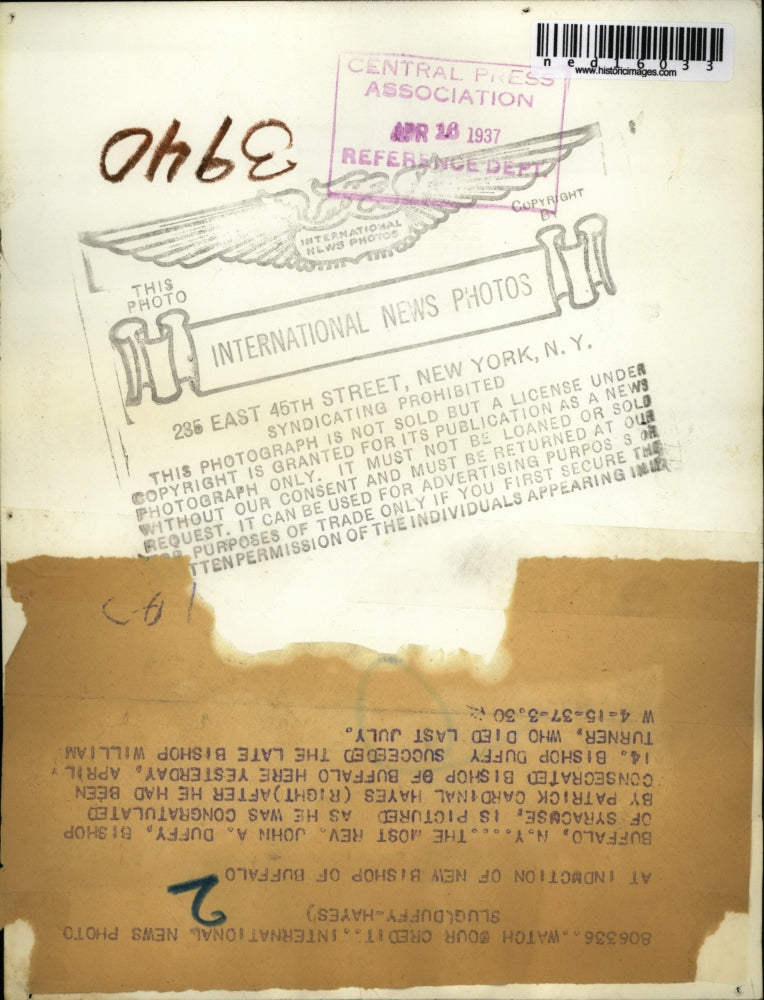 Load image into Gallery viewer, 1937 Media Photo Rev. John A. Duffy Congratulates Patrick Cardinal Hayes
