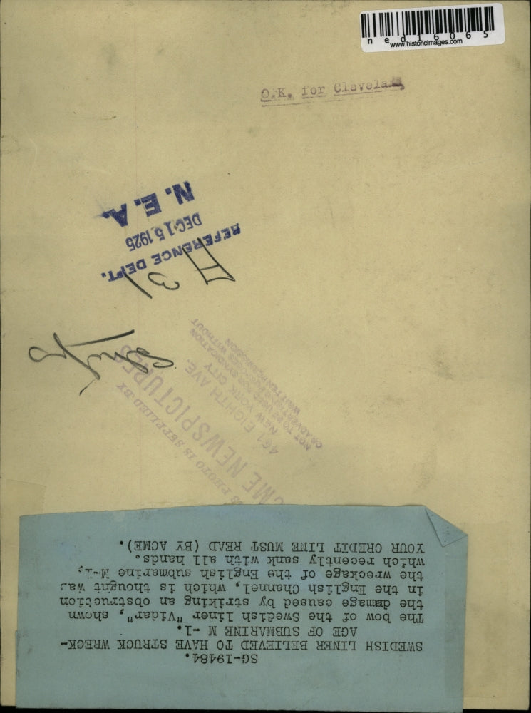 1925 Media Photo Swedish Liner "Vidar" Struck Wreckage - ned16065