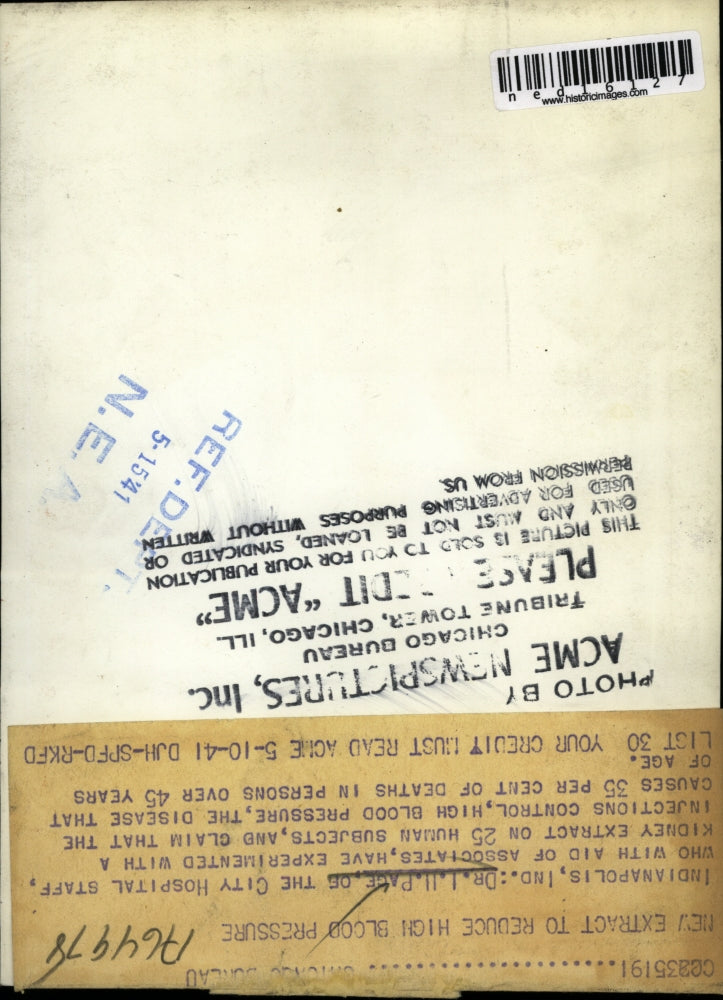 1941 Press Photo Indianspolis Ind Dr L Page of City Hospital experimented with