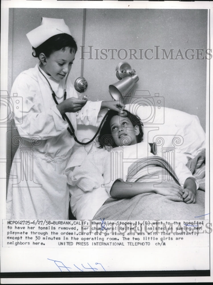 1958 Media Photo Burbank Cal. Tina Stopek age 11 & Carol Reiter in hospital