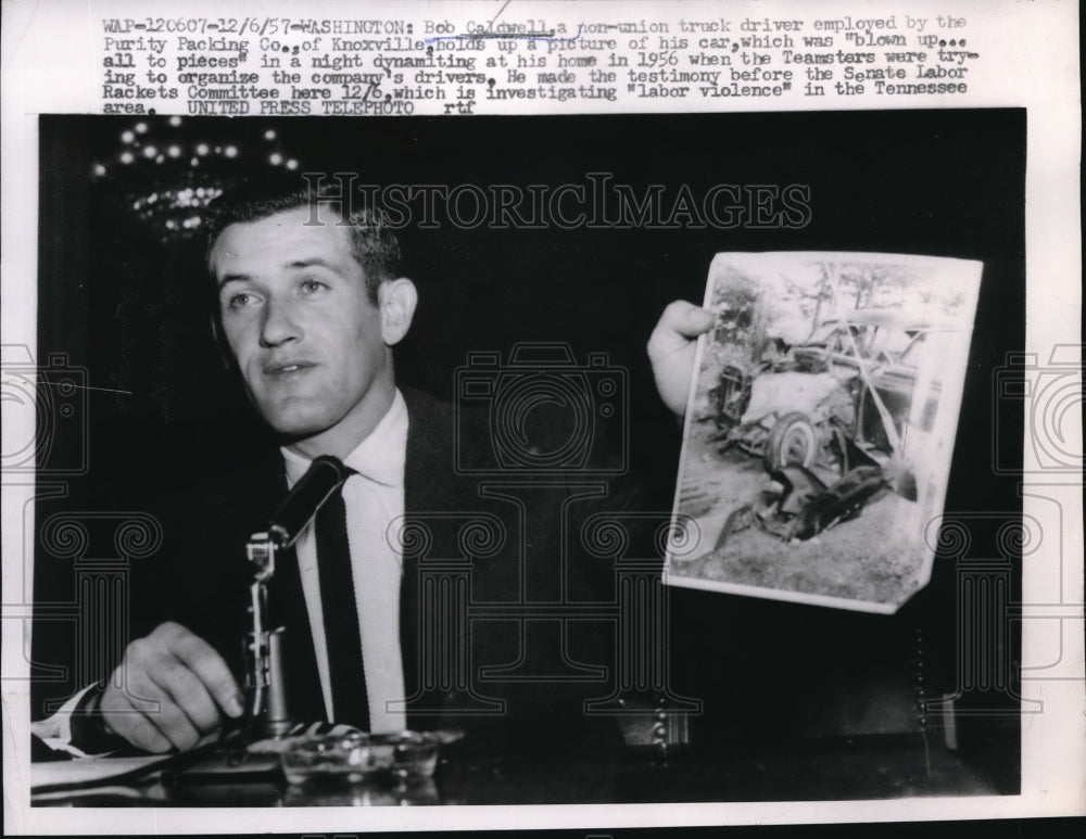 1957 Press Photo Wash DC Bob Caldwell & photo of car accident
