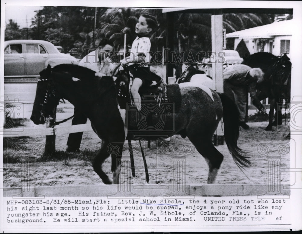 1956 Press Photo Miami, Fla, Mike Sibole age4 cancer child rides a horse