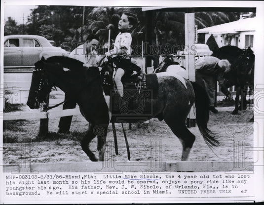 1956 Press Photo Miami, Fla, Mike Sibole age4 cancer child rides a horse