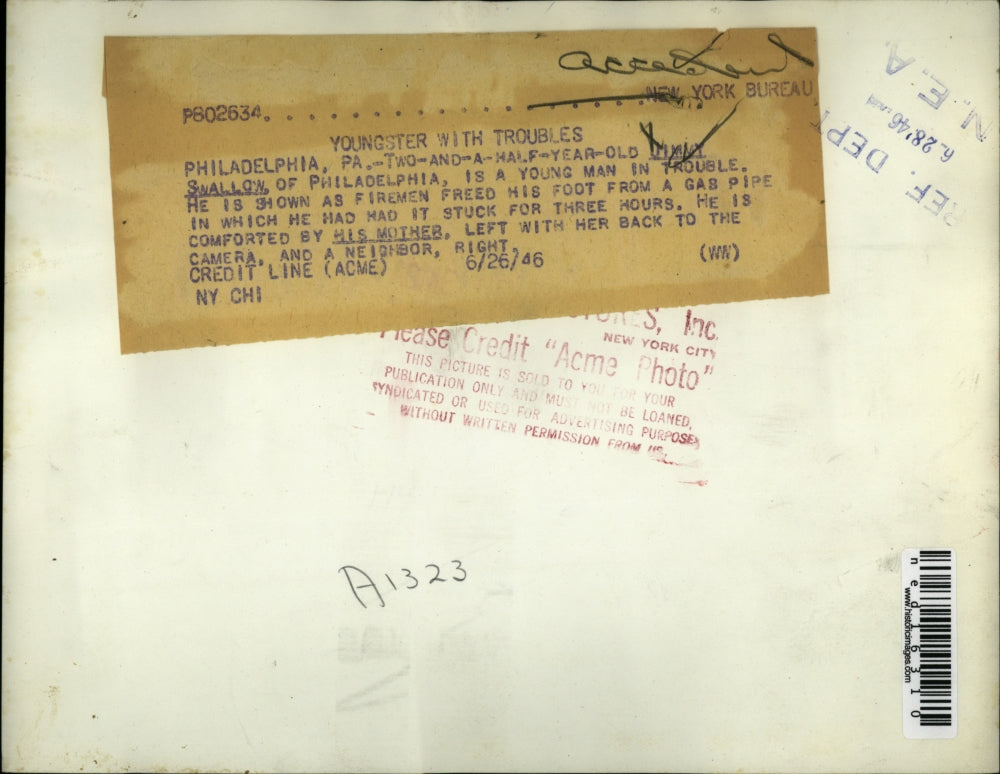 1946 Media Photo Philadelphia Pa Jim Swallow freed from gas pipe by firemen