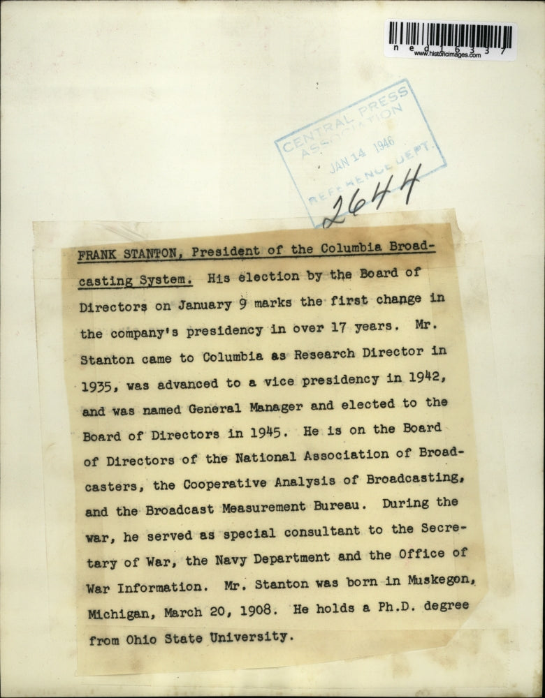 1946 Press Photo Frank Stanton Pres of CBS elected to board of directors