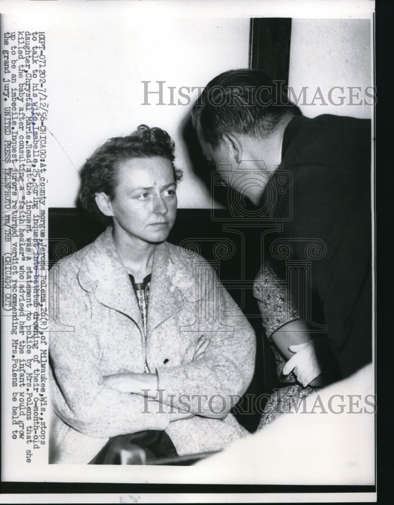 1956 Press Photo Jerome Polenz with wife Isabelle during inquest in Chicago