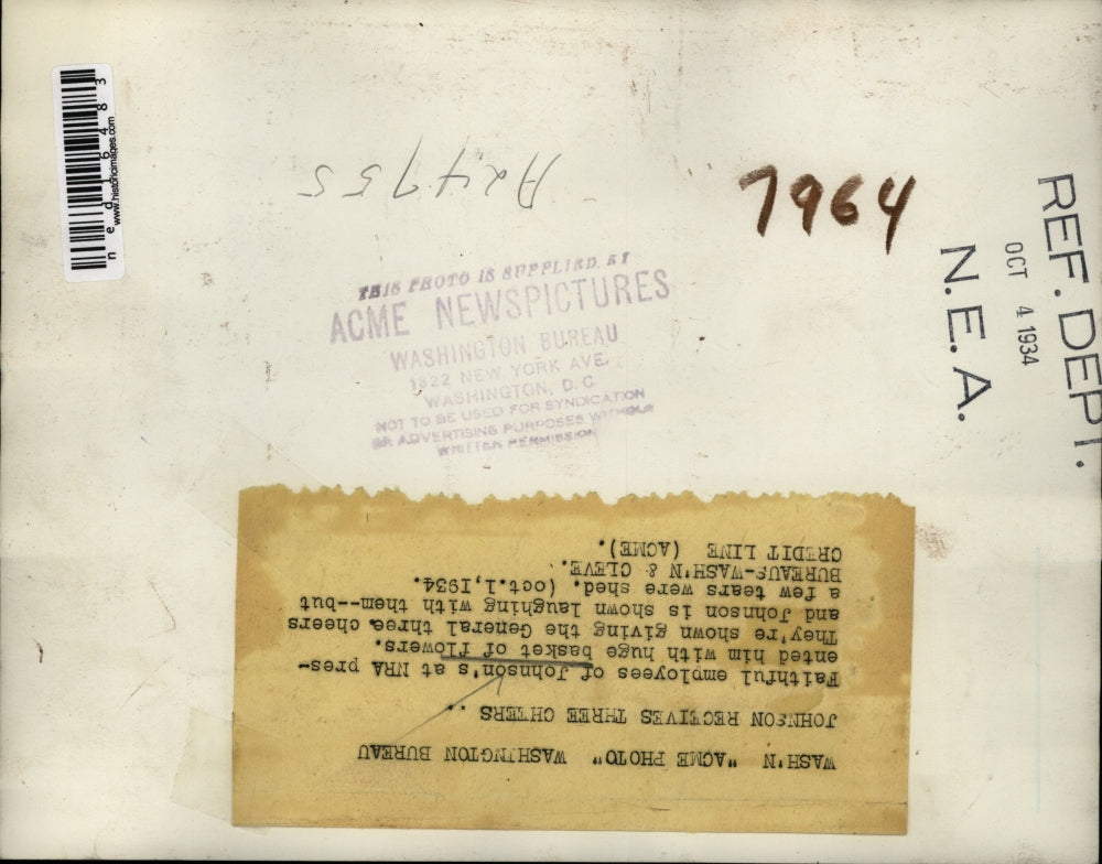 1934 Media Photo Johnson receiving flowers