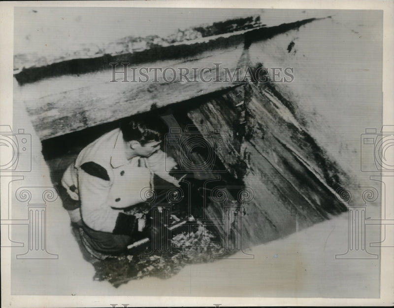 Load image into Gallery viewer, 1938 Press Photo Pershing Schaaf pointing to nails - ned16585
