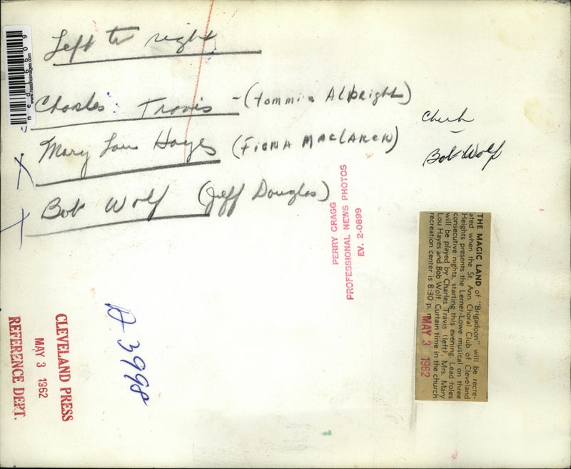 Load image into Gallery viewer, 1962 Media Photo Charles Travis, Mary Lou Hayes, and Bob Wolf
