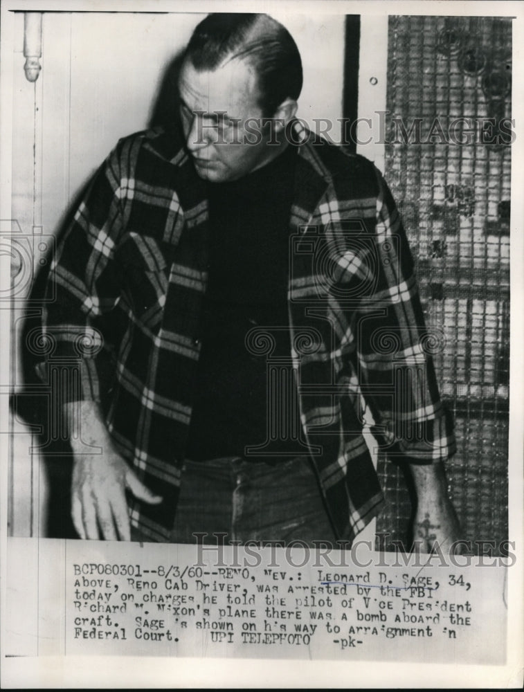 1960 Press Photo Reno, NV Leonard D Sage arrested