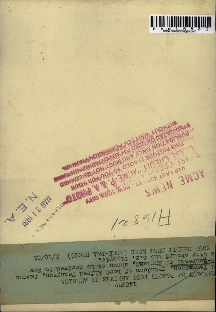 1931 Media Photo Alfred Tennyson