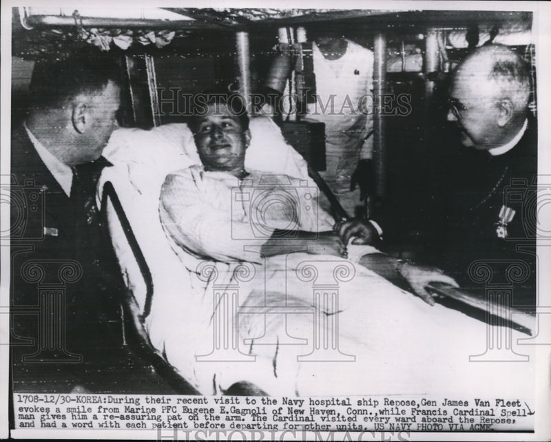 Load image into Gallery viewer, 1951 Press Photo Korea Gen James Van Fleet, Pfc EE Gagnoli &amp; F Cardinal Spellman
