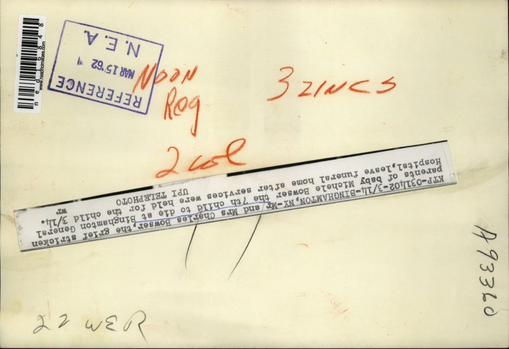 1962 Press Photo Binghamton NY Mr & Mrs Charles Bowser at baby's funeral