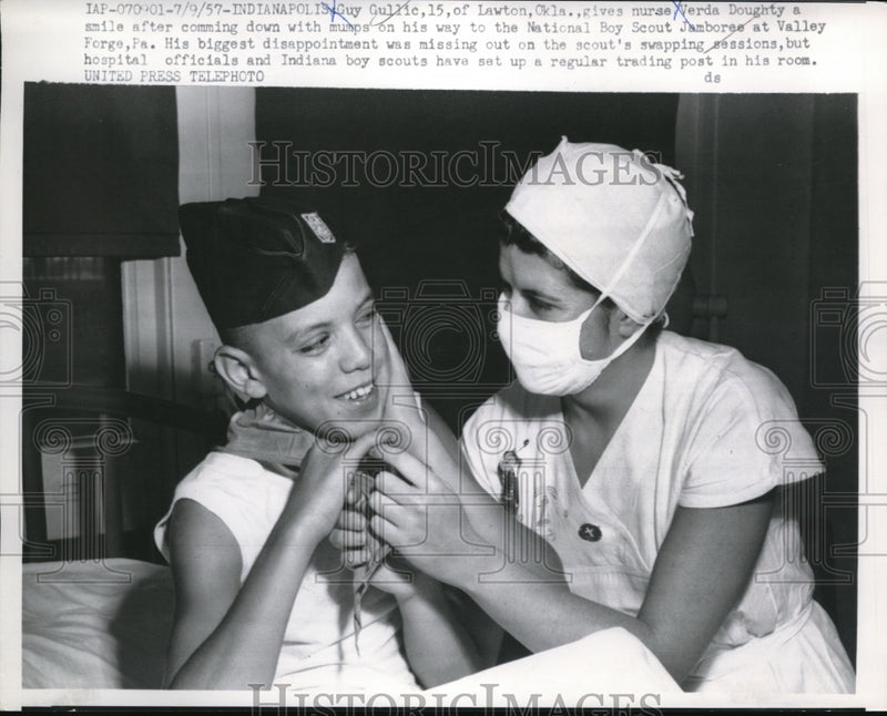 Load image into Gallery viewer, 1957 Press Photo Indianapolis Ind Guy Gullic age 15 &amp; RN Verda Doughty, mumps
