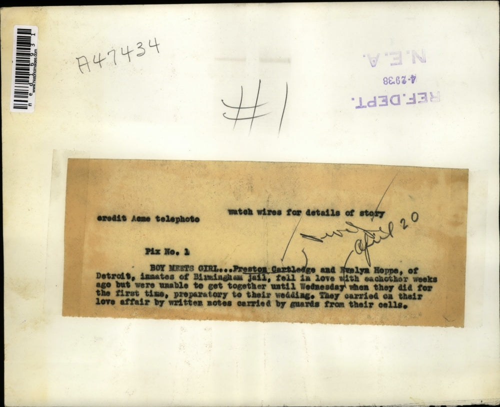 1938 Press Photo Preston Cartledge & Evelyn Hoppe of Detroit in jail to wed