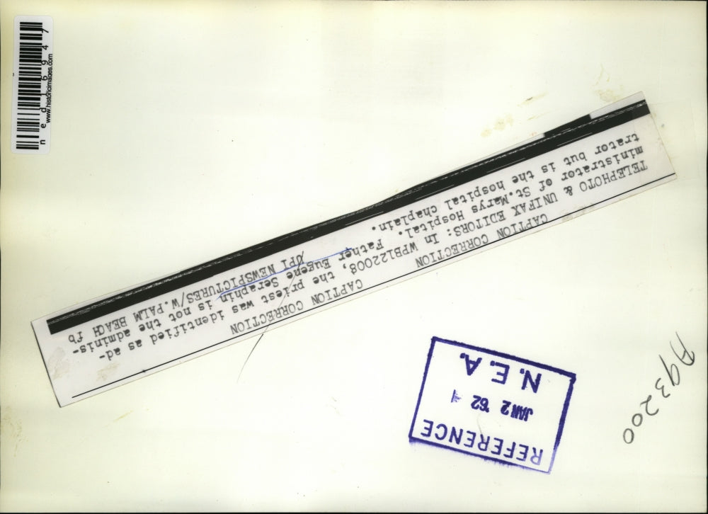 1962 Press Photo Father Eugene Seraphin at St Mary's Hospital chaplain