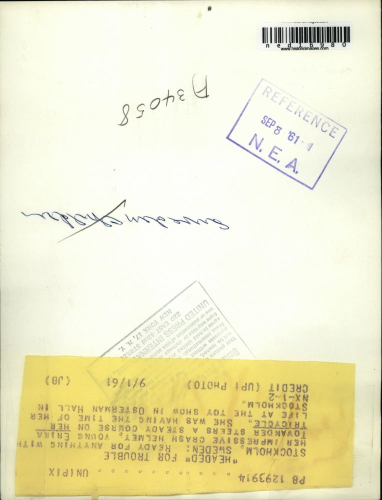 1961 Press Photo Stockholm Sweden Erika Tovander on tricycle