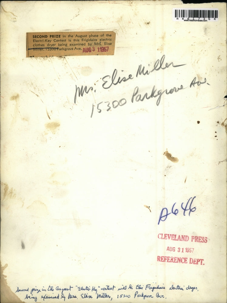 1957 Press Photo Mrs. Elise Miller Second Place Winner Of Clothes Dryer