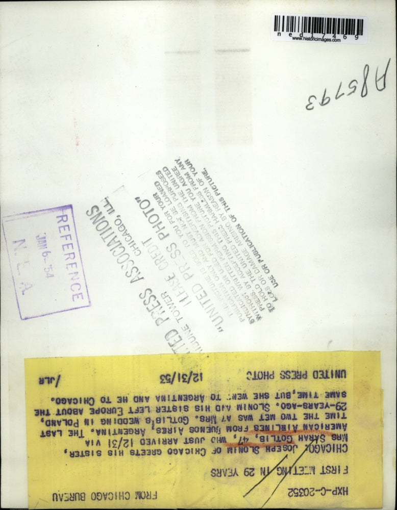 1953 Press Photo Chicago Joseph Slonim & sister Mrs Sarah Gotlis of Argentina