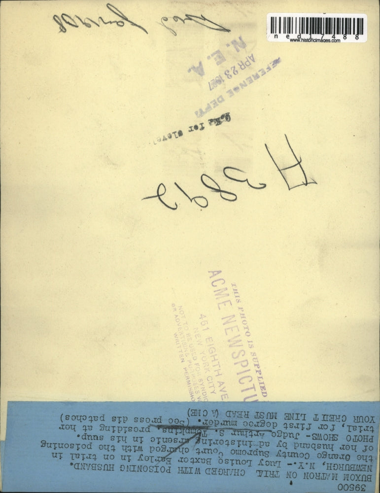 1947 Press Photo Judge Arther S. Tomkins presiding at Lucy Baxter Earleys trial