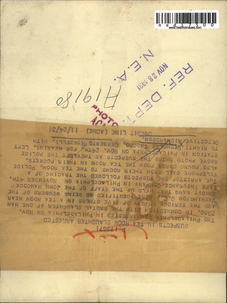 1931 Press Photo Nick Trocco & Cesberto Renezelli arrested by Det Richardson