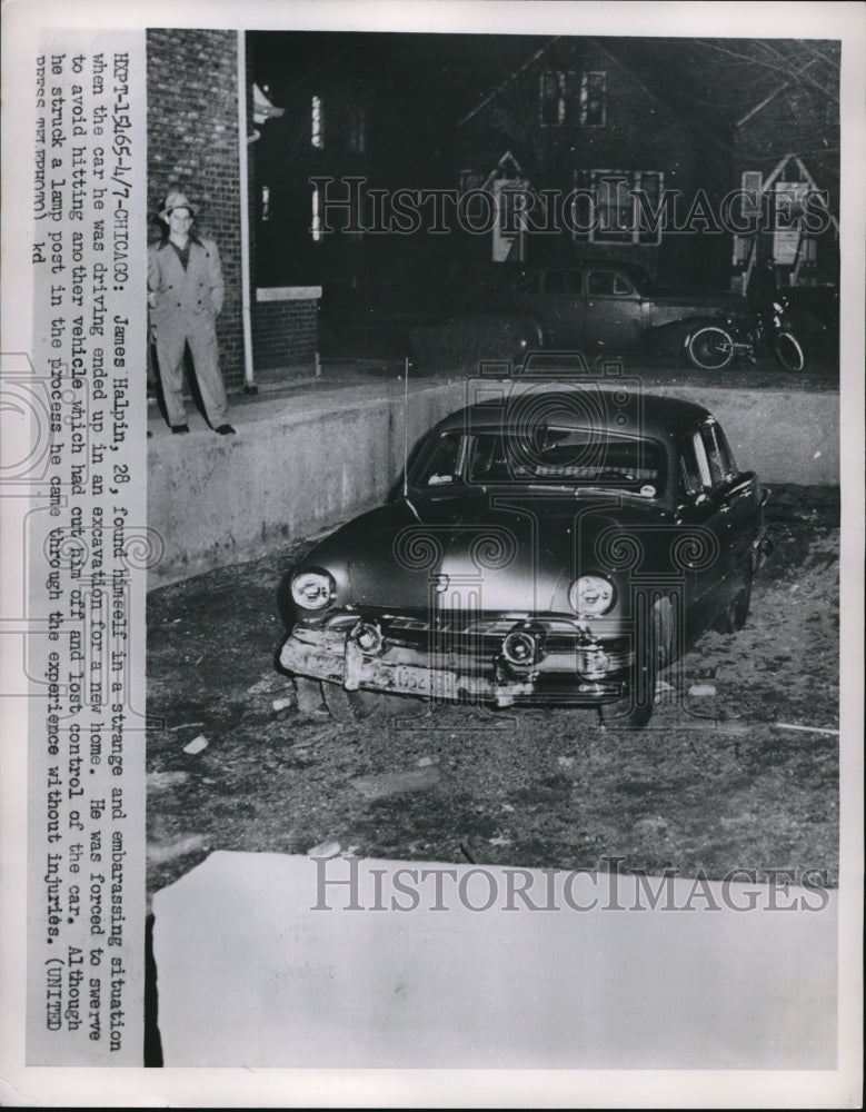 1952 Press Photo Chicago James Halpin accidently drove car into foundation