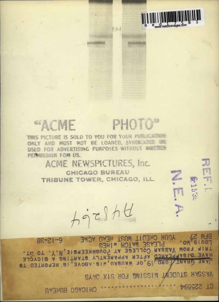 1938 Press Photo Jane Grant Ford of Wausau Wis disappered from Vassar College