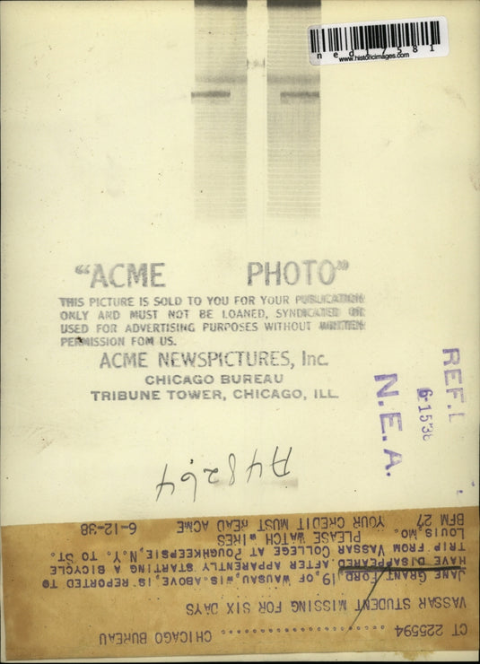 1938 Press Photo Jane Grant Ford of Wausau Wis disappered from Vassar College