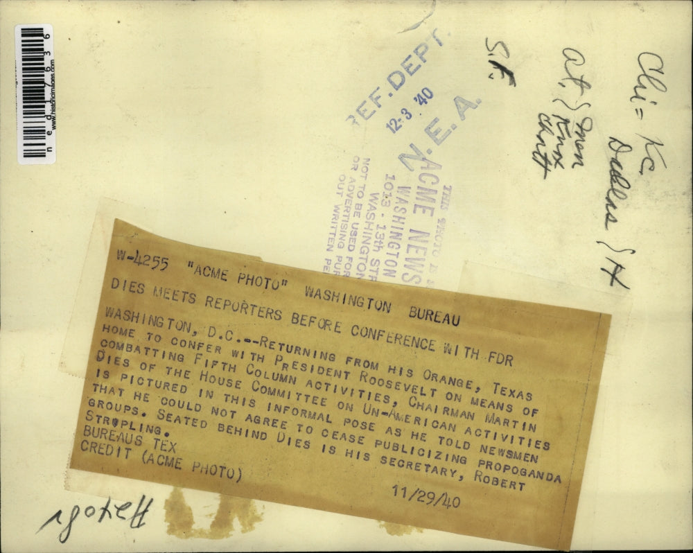 1940 Press Photo Wash DC Martin Dies & his sec Rbt Stirplins in his office