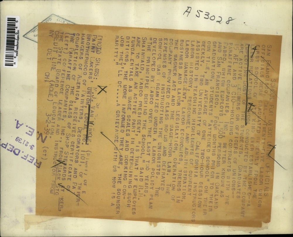 1939 Press Photo San Francisco MJ Van Winkle Paint Lakers Union, Mack Sto