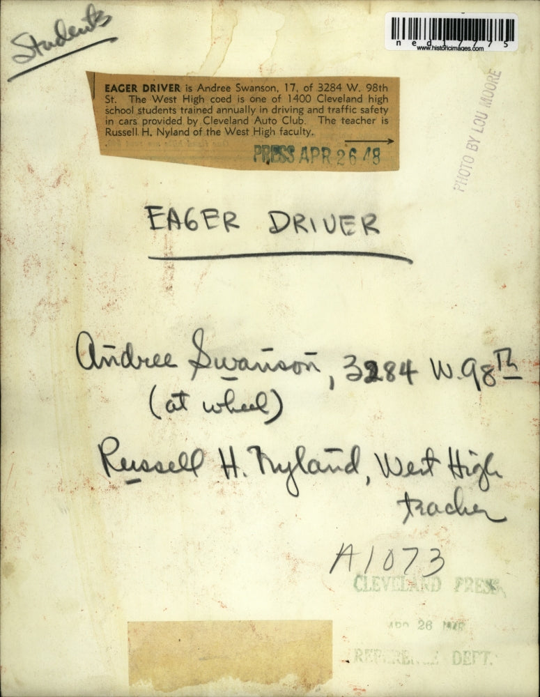 1946 Press Photo Andree Swanson Cleveland High Russell H. Nyland