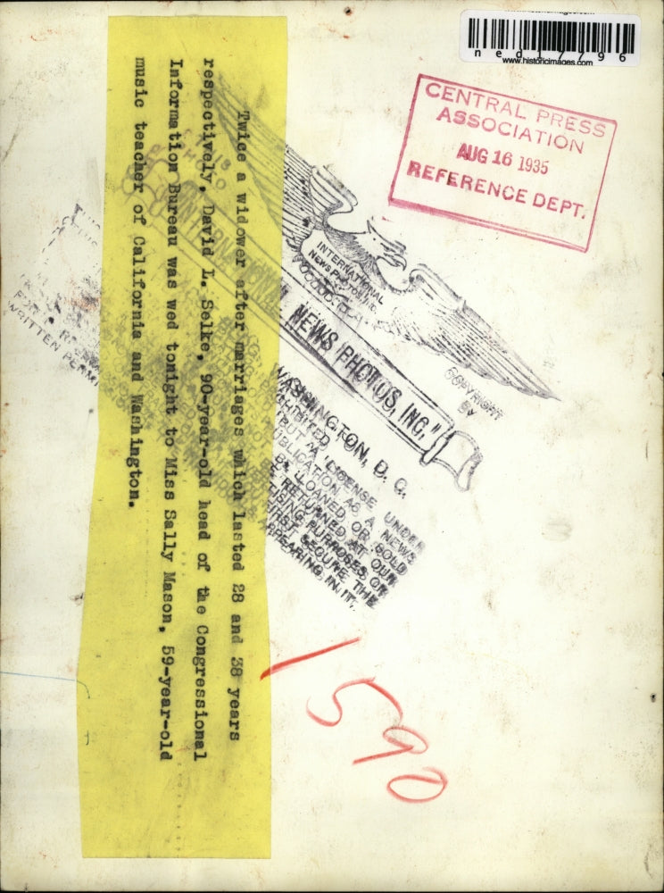 1935 Press Photo David L Selke age 90 & bride Sally Mason age 59