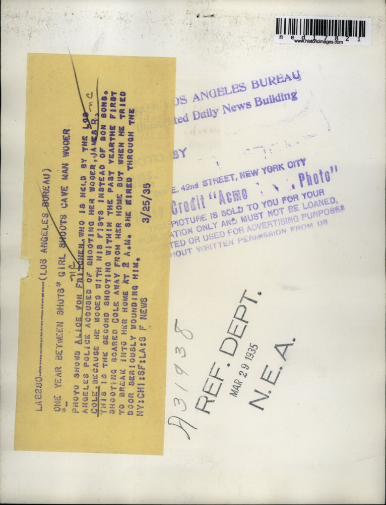 1935 Press Photo Alice Von Fritchen held in LA Calif shooting of JR Cole