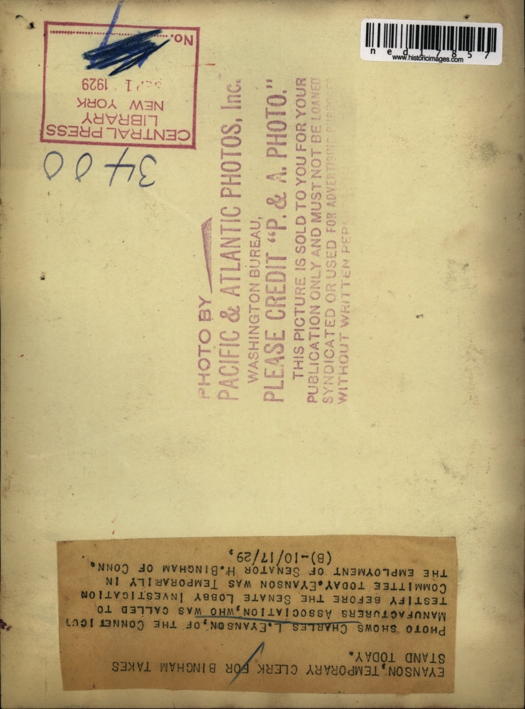 1929 Press Photo Charles L Evanson of Conn Mfg Assoc at Senate investigation