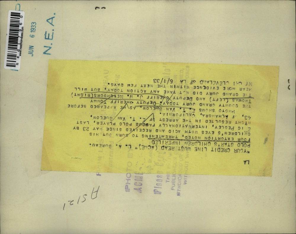 1933 Press Photo E. T. Van Buelow Arrested For Threatening To Burn His Kids Eyes