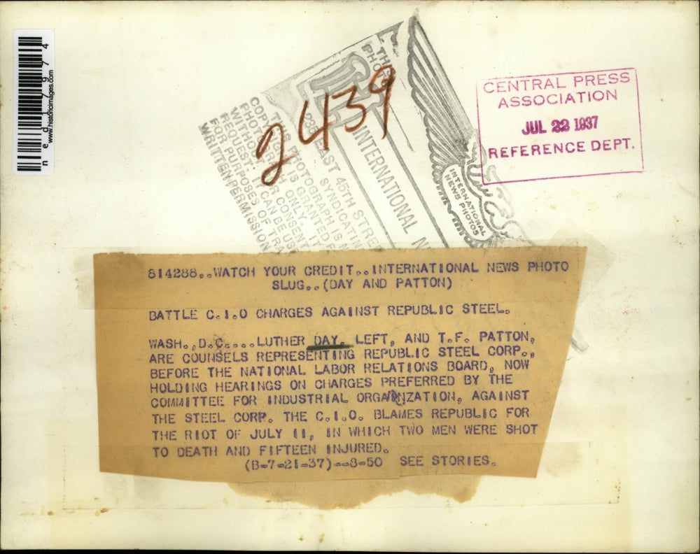 1937 Press Photo Luther Day And T. F. Patton Represent Republic Steel Corp.