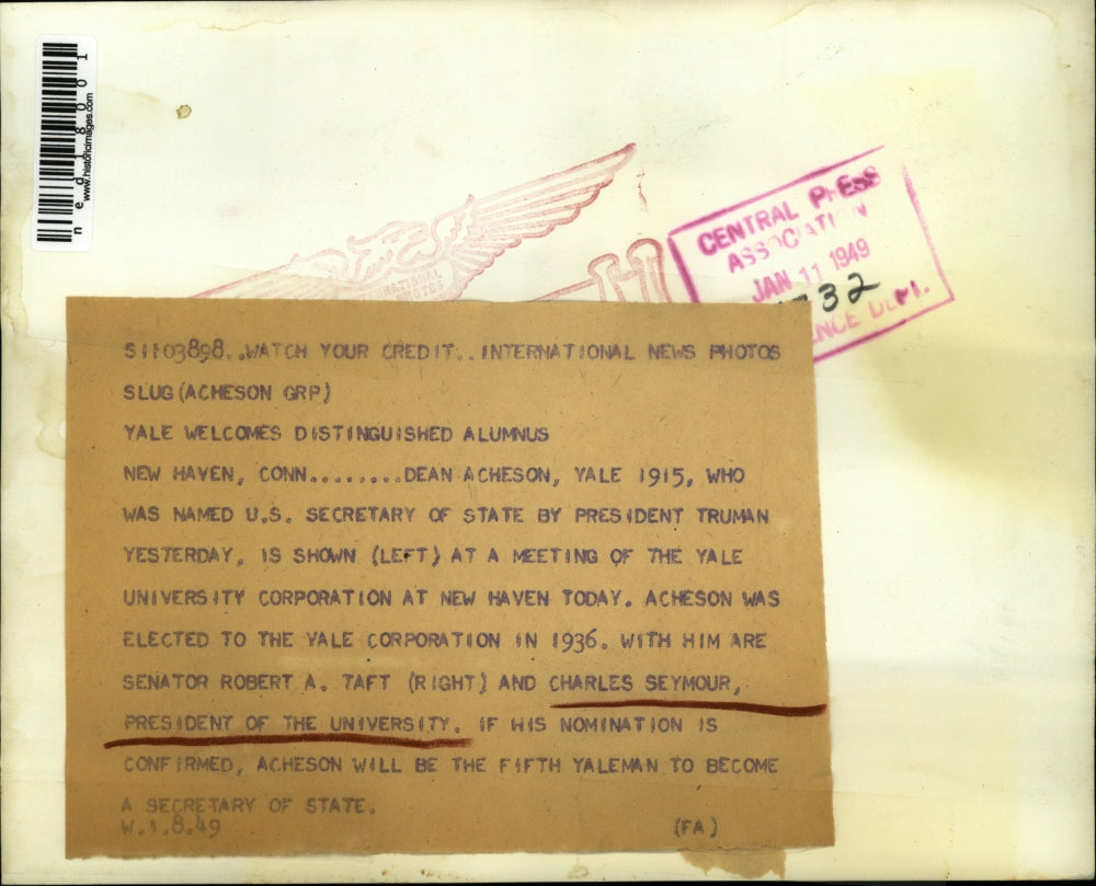 1949 Press Photo Dean Acheson, Senator Robert A. Taft, and Charles Seymour