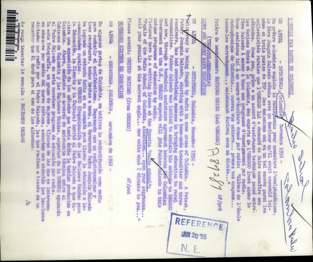 1952 Press Photo Father Joaquin Salcedo Writing a Lesson At Guavita Radio School