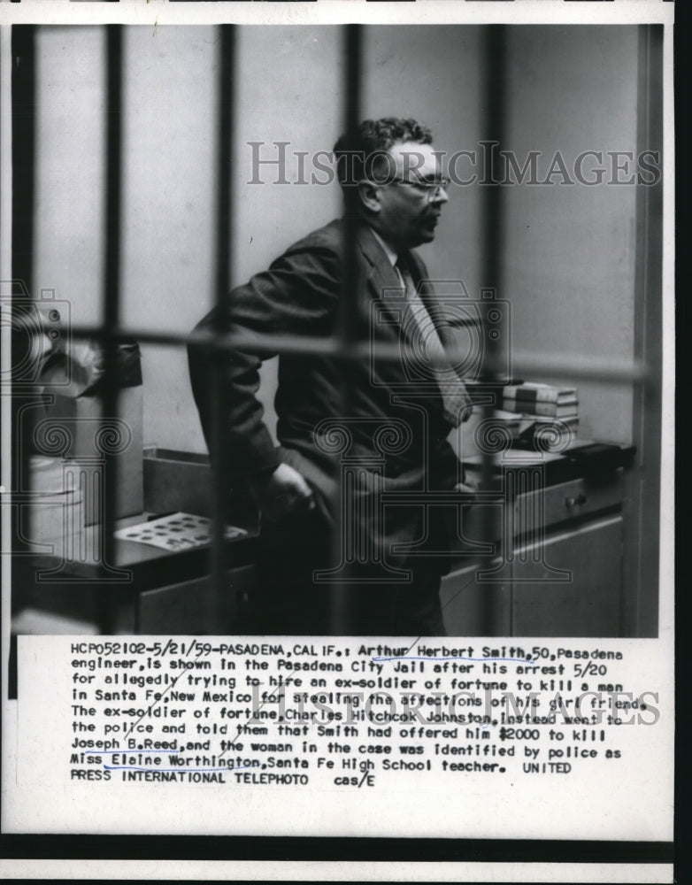 Load image into Gallery viewer, 1959 Press Photo Pasadena Cal. Arthur H Smith arrested in murder for hire plot
