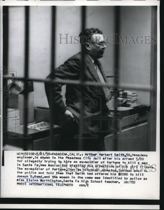 1959 Press Photo Pasadena Cal. Arthur H Smith arrested in murder for hire plot