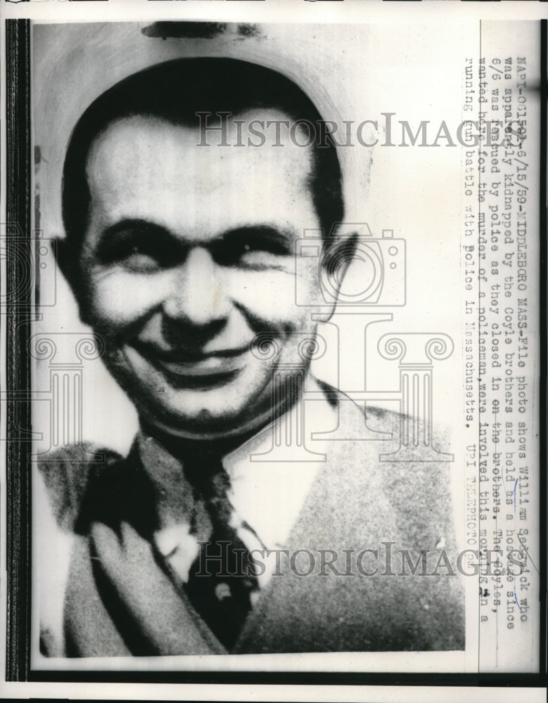 1959 Press Photo Middleburg Mass. Wm Sedgwick kidnapped by Coyle brothers